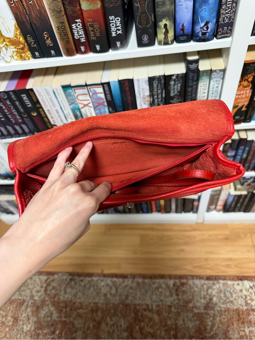 LISETTE Red Suede and Leather Zip Pouch with Gold Plaque - Picture 6 of 9